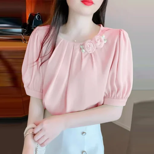 Women’s Elegant Short Puff Sleeve Floral Blouse - Image 6