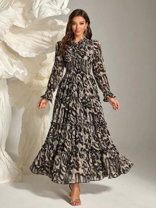 Leopard Print Ruffled Collar Long Sleeve Maxi Dress - Image 5