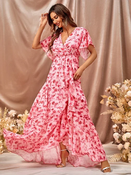 Stylish Summer Chiffon A-Line Maxi Dress with Ruffled Sleeves