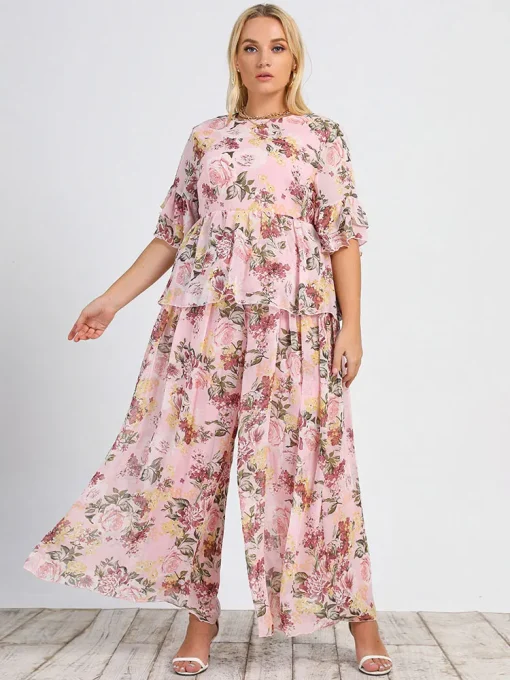 Elegant Plus Size Summer Set with Wide Leg Pants - Image 2