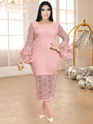 Elegant Pink Lace Hollow Out Dress with Flare Sleeves