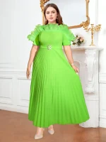 Elegant Green Plus Size Pleated Ruffle A-Line Dress