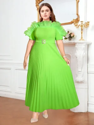 Elegant Green Plus Size Pleated Ruffle A-Line Dress