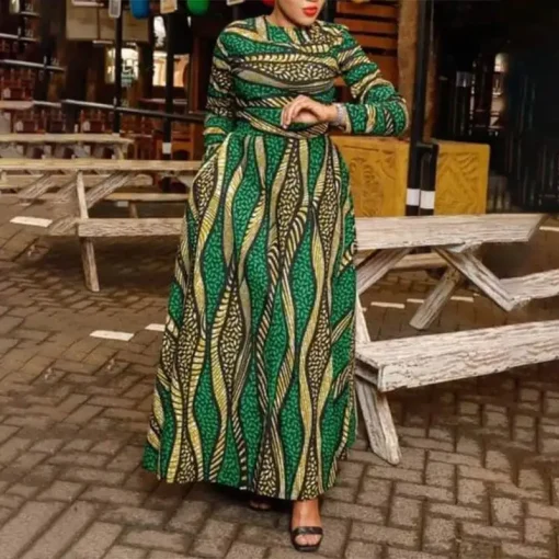 Plus Size Bohemian Maxi Dress with Long Sleeves and Print - Image 5