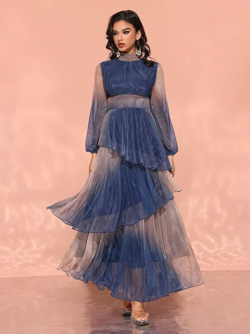 Luxury Women's Stand Collar Lantern Sleeve Evening Dress - Image 5