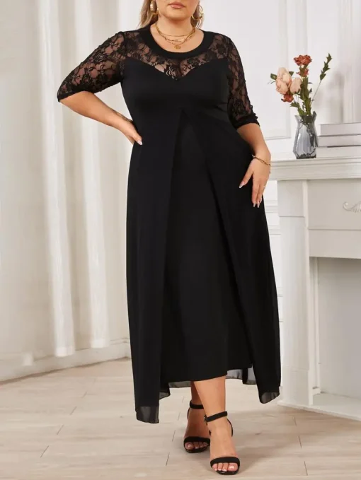 Elegant Plus Size Solid Black Knit Split Summer Dress - Image 3