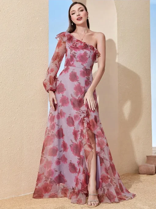 Elegant Backless Floor-Length Print Dress with Diagonal Neckline - Image 4