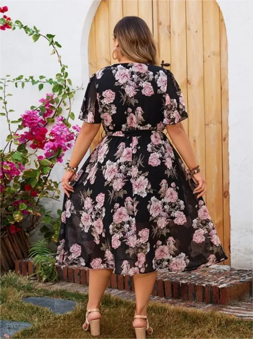 Elegant Plus Size Floral Curved Hemline Evening Party Dress