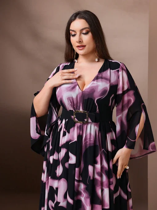 Elegant Plus Size V-Neck Tie Dye Wrap Maxi Dress - Image 3