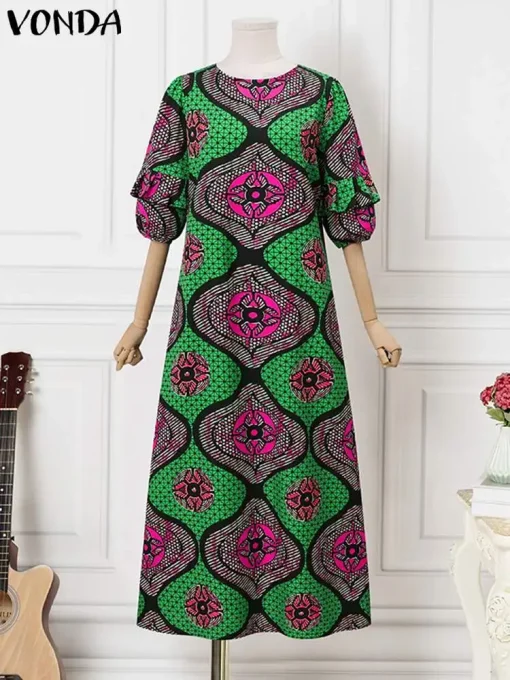 Women’s Elegant Bohemian Printed Maxi Dress with Half Sleeves - Image 2