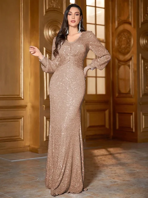 Luxury Gold Sequin Twisted Lantern Sleeve Mermaid Maxi Dress