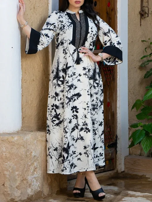 Summer Casual Arabian Party Printed Long Maxi Abaya Dress - Image 3