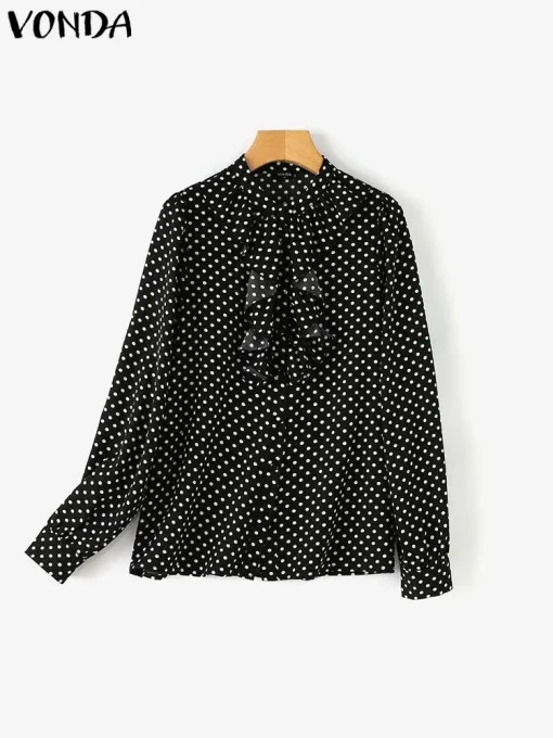 Plus Size Polka Dot Ruffle Long Sleeve Blouse - Image 2