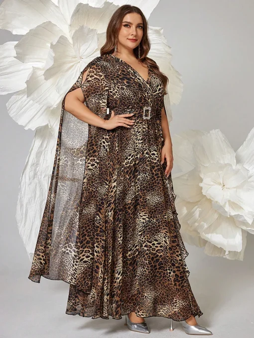 Plus Size Women's V-Neck Long Sleeve Leopard Print Dress - Image 4