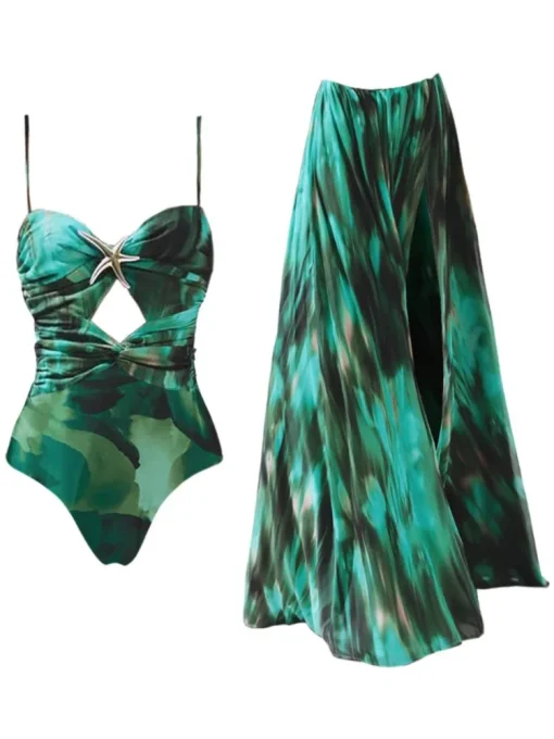 Retro Green Printed One-Piece Bikini Swimsuit with Skirt