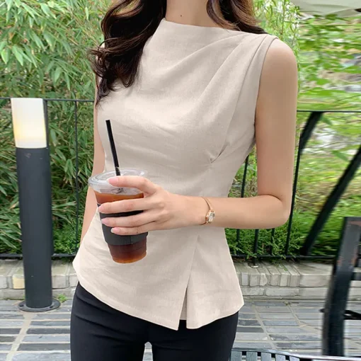 Fashion Summer Sleeveless Blouse with Pleated Details - Image 6