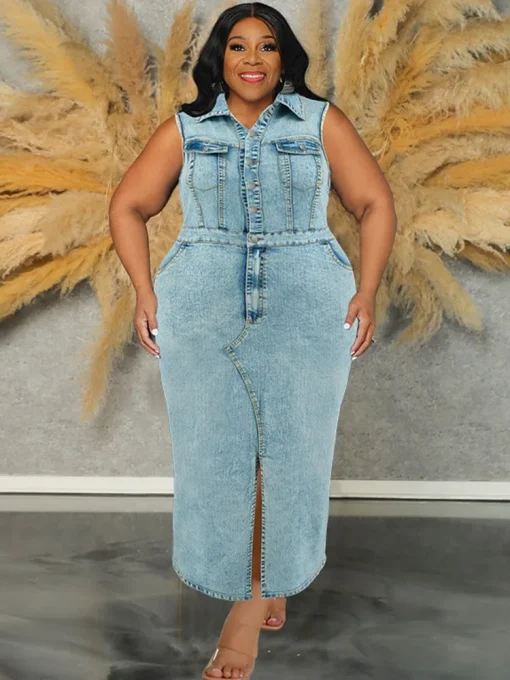 Plus Size Denim Maxi Dress, Casual Loose Fit Style