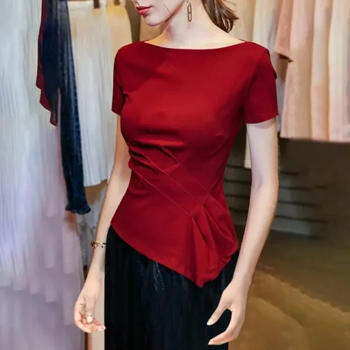 Women's Elegant Pleated Short Sleeve Blouse