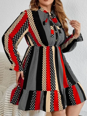 Plus Size Vintage Dot Pattern Pleated Bow Dress for Women