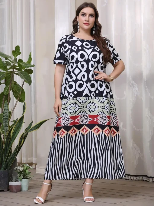 Plus Size Retro Geometric Print Summer Casual Dress