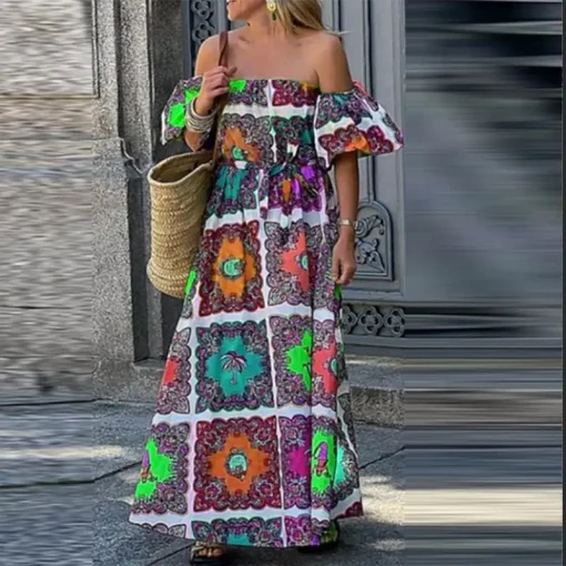 Women Sexy Off Shoulder Bohemian Maxi Beach Sundress - Image 6