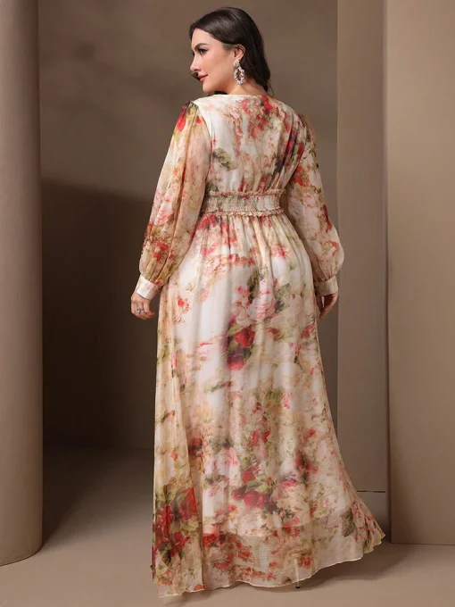 Plus Size Shirred Floral Print Long Sleeve Maxi Dress - Image 2