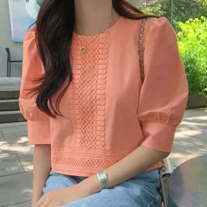 Women’s Elegant Puff Sleeve Lace Patchwork Blouse