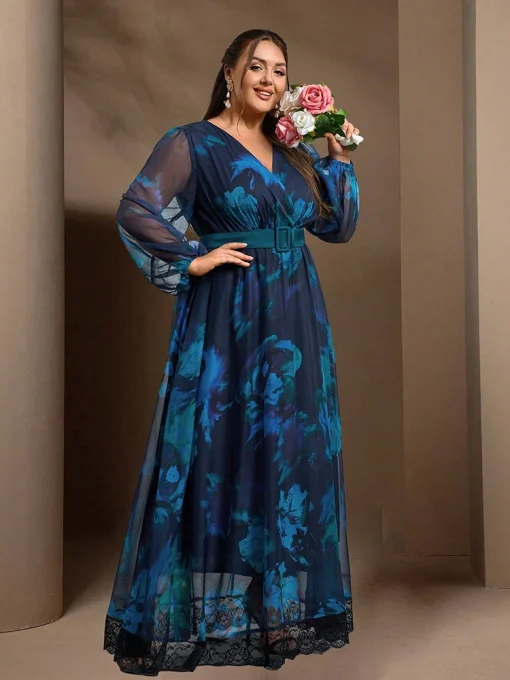 Casual Elegant Plus Size Floral Print Lantern Sleeve Maxi Dress - Image 4