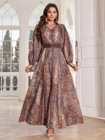 Elegant Arab Style Lantern Sleeve Caftan Paisley Print Dress