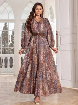 Elegant Arab Style Lantern Sleeve Caftan Paisley Print Dress