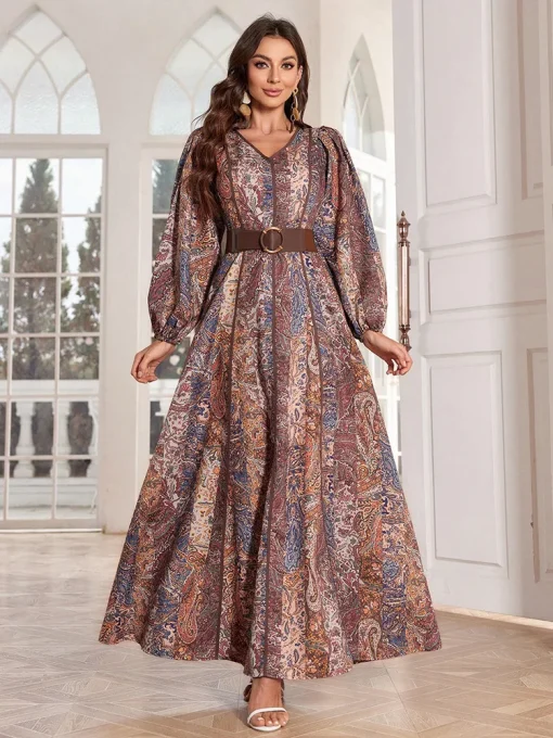 Elegant Arab Style Lantern Sleeve Caftan Paisley Print Dress