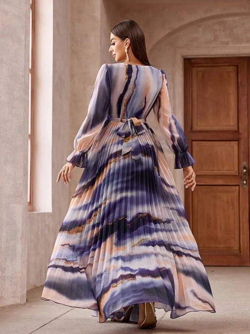 Elegant Boho V-Neck Ruffle Sleeve Printed Abaya Dress - Image 2