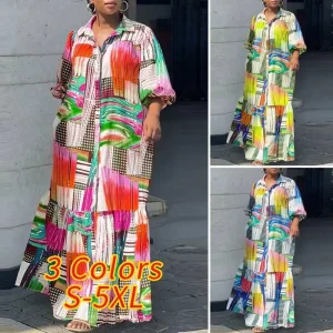 Plus Size   Elegant Printed Summer Shirt Dress