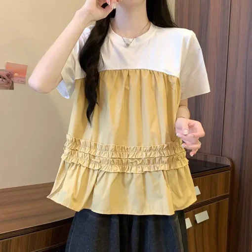 Women's Summer Ruffled Patchwork Short Sleeve Blouse