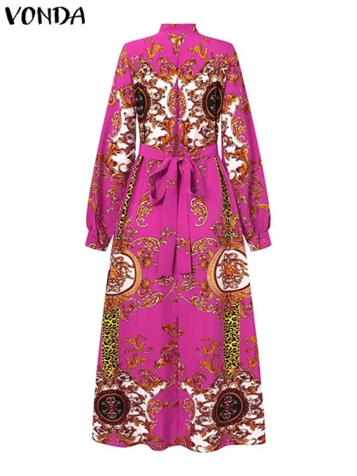 Bohemian Maxi Dress with Long Sleeves and Belt - Image 4