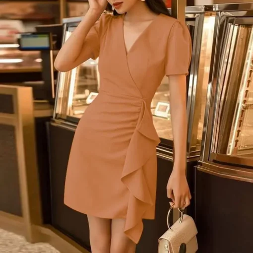 Elegant V-Neck Bodycon Mini Dress with Ruffled Sleeves