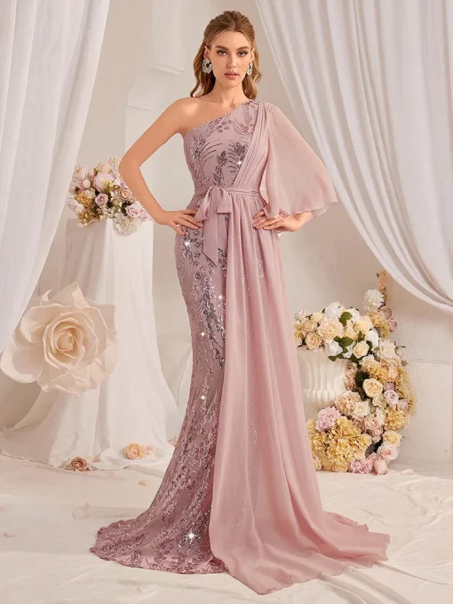 Luxury Sequin One Shoulder Long Maxi Gown Dress - Image 4