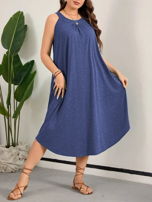 Elegant Plus Size Sleeveless Solid O-Neck Beach Dress - Image 2