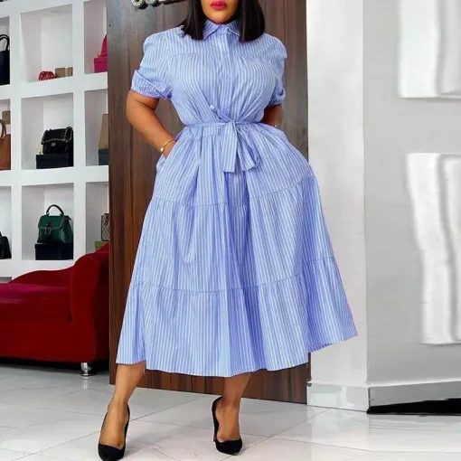 Plus Size Elegant Stripe Shirt Dress with Belt