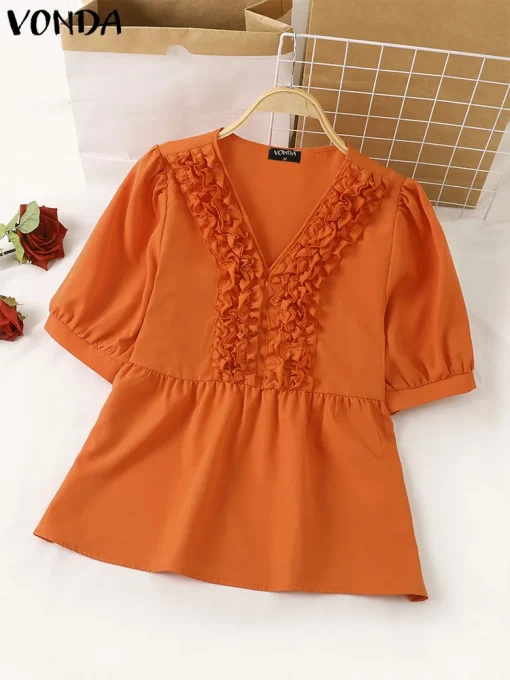 Women’s Elegant Ruffled V-Neck Short Sleeve Blouse - Image 2