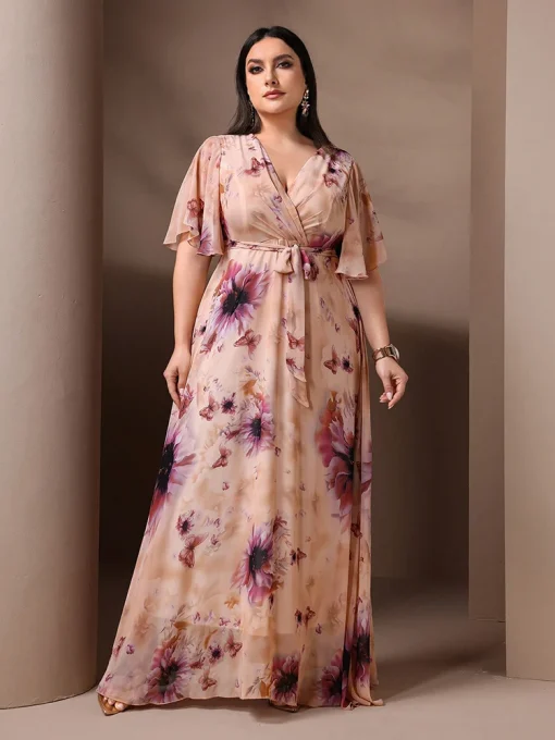 Plus Size Floral Printed Ruffle Sleeve Belted Holiday Dress