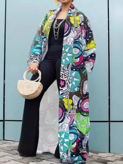 Plus Size Elegant Printed Ribbed Long Sleeve Cardigan