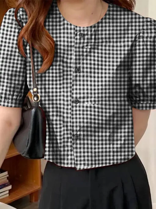 Vintage Plaid Short Sleeve Blouses for Women - Image 3