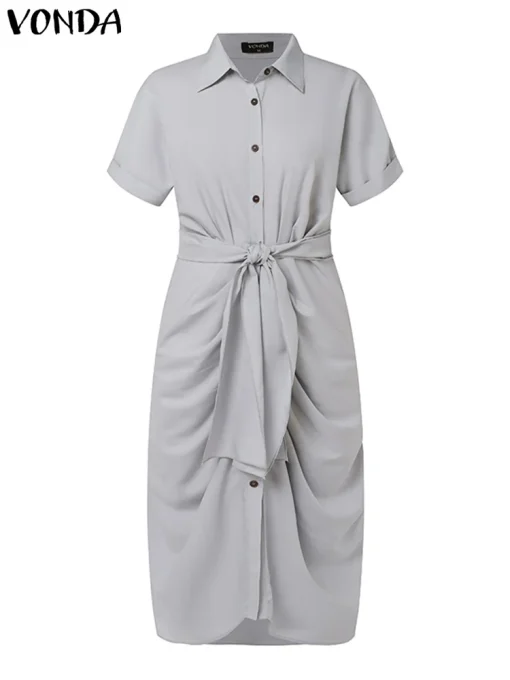 Plus Size Women’s Solid Color Pleated Shirt Dress - Image 3