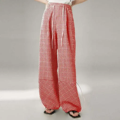 Elegant Plaid Wide Leg Trousers with Drawstring Detail - Image 5