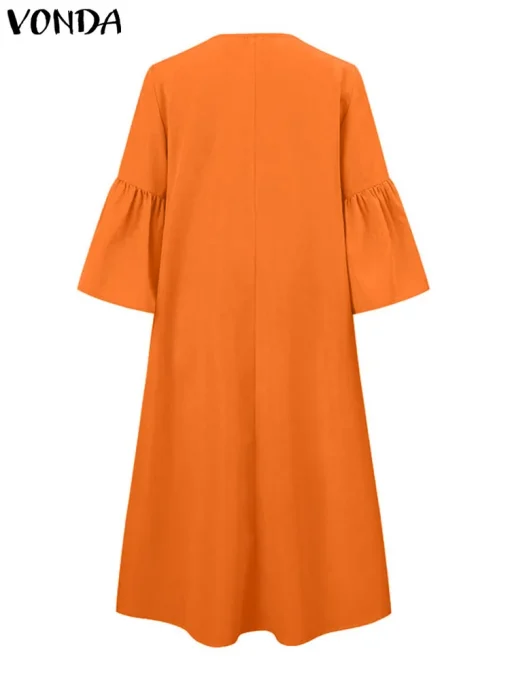 Summer Midi Dress, 3/4 Sleeve Flare Pleated Sundress - Image 3