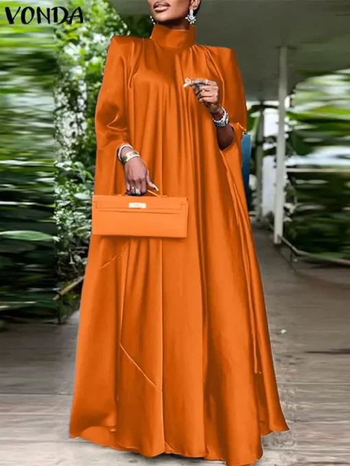 Elegant Satin Long Sleeve Maxi Dress Pleated Evening Sundress - Image 2