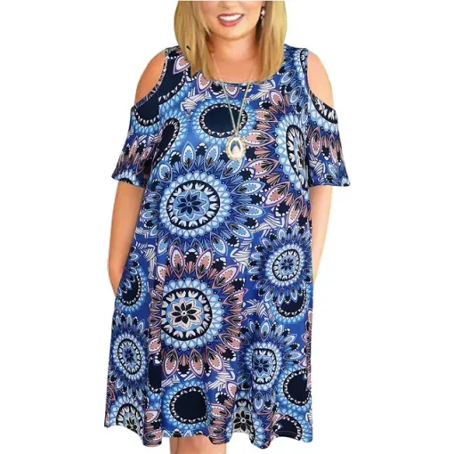 Plus Size Loose Off-Shoulder Printed Summer Dress - Image 17