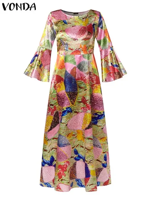 Bohemian Maxi Dress Long Flare Sleeve Printed Casual Sundress - Image 4