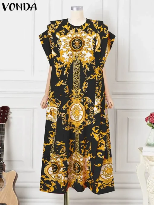 Elegant Satin Maxi Dress with Bat-Wing Sleeves and Print - Image 2